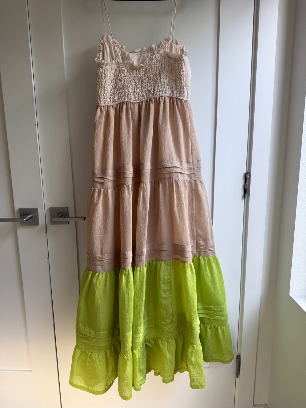 Anthropologie Beige, Cream and Green Smocked Tiered Maxi Dress - Picture 2 of 2